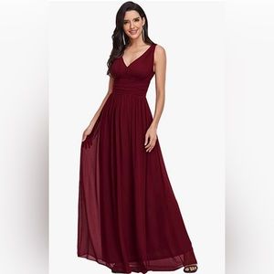 Burgundy sleeveless formal V-line Maxi semi formal evening dress.